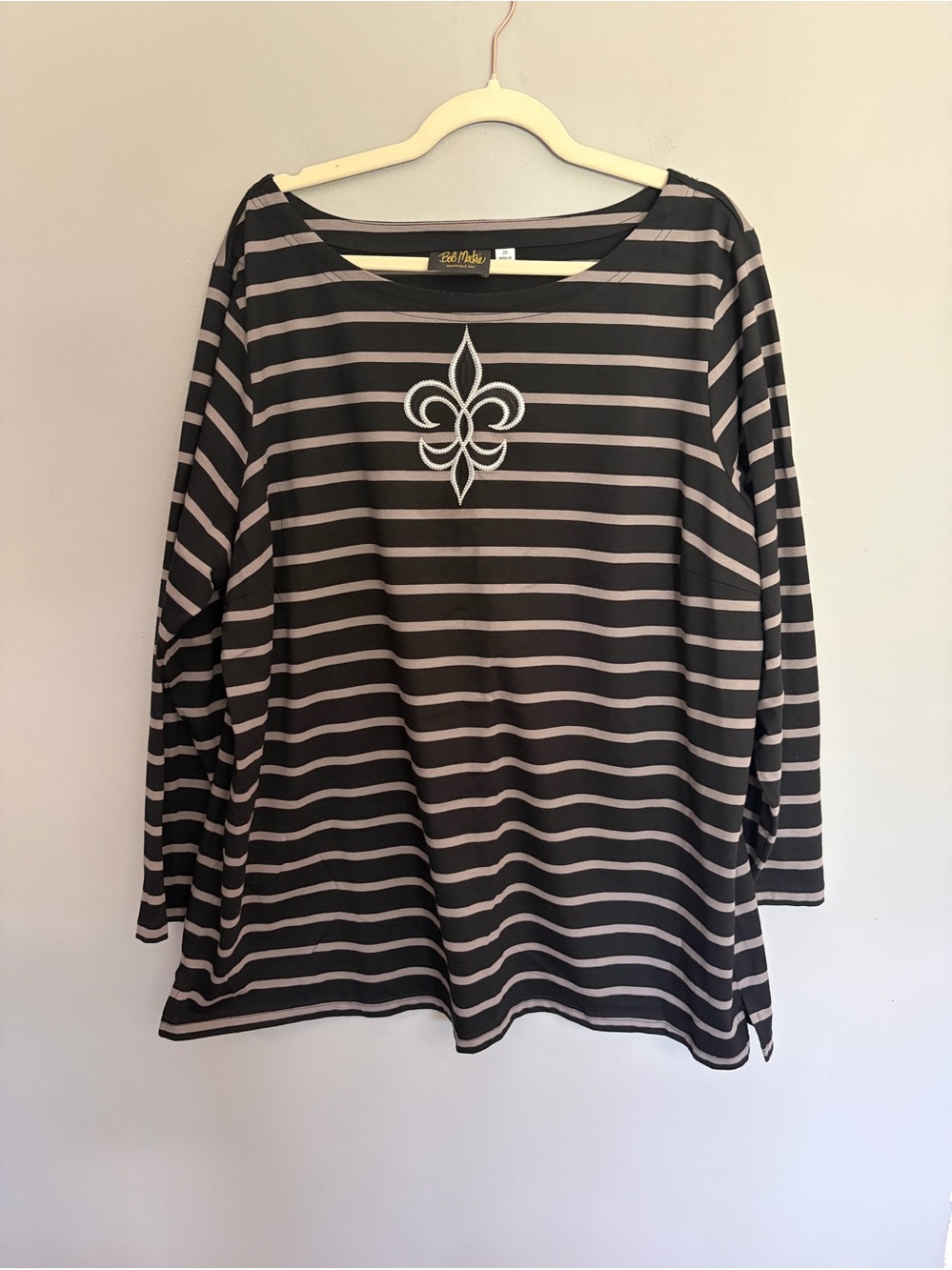 Bob Mackie Wearable Art Top Women’s Size 2X 3/4 Black Gray Striped Fleur De Lis